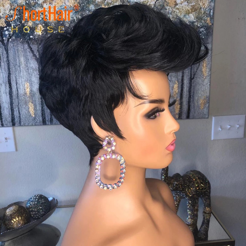 Short Bob Pixie Cut Human hair Wig Brazilian None Lace Front Wigs For Black Women Full Machine Made 150 density