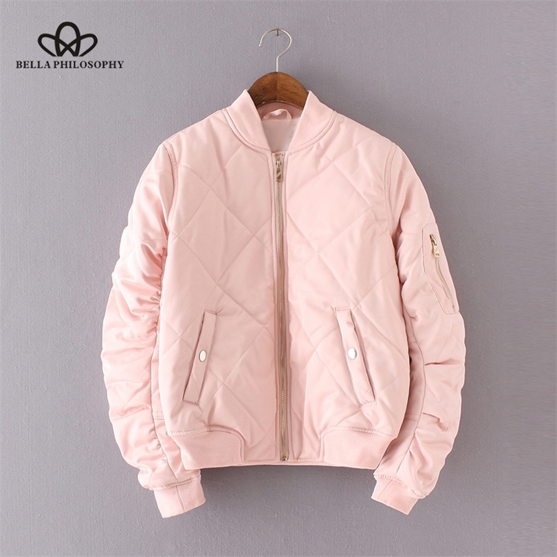 Bella autumn winter quilting bomber jacket women coat zipper long sleeve winter jacket cottonpadded pink outwears T200212