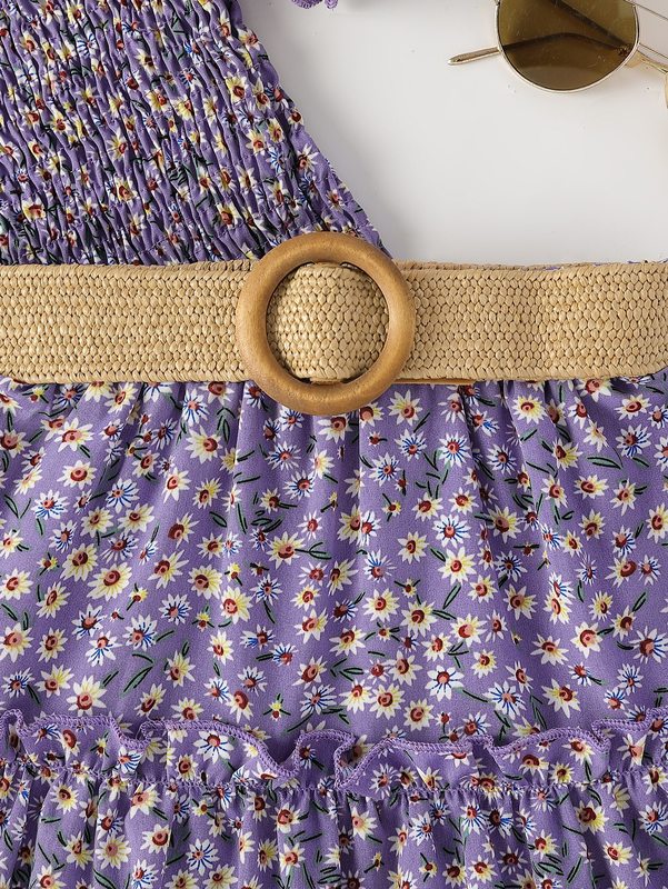 Toddler Girls Ditsy Floral Puff Sleeve Shirred Top & Ruffle Hem Belted Skirt SHE