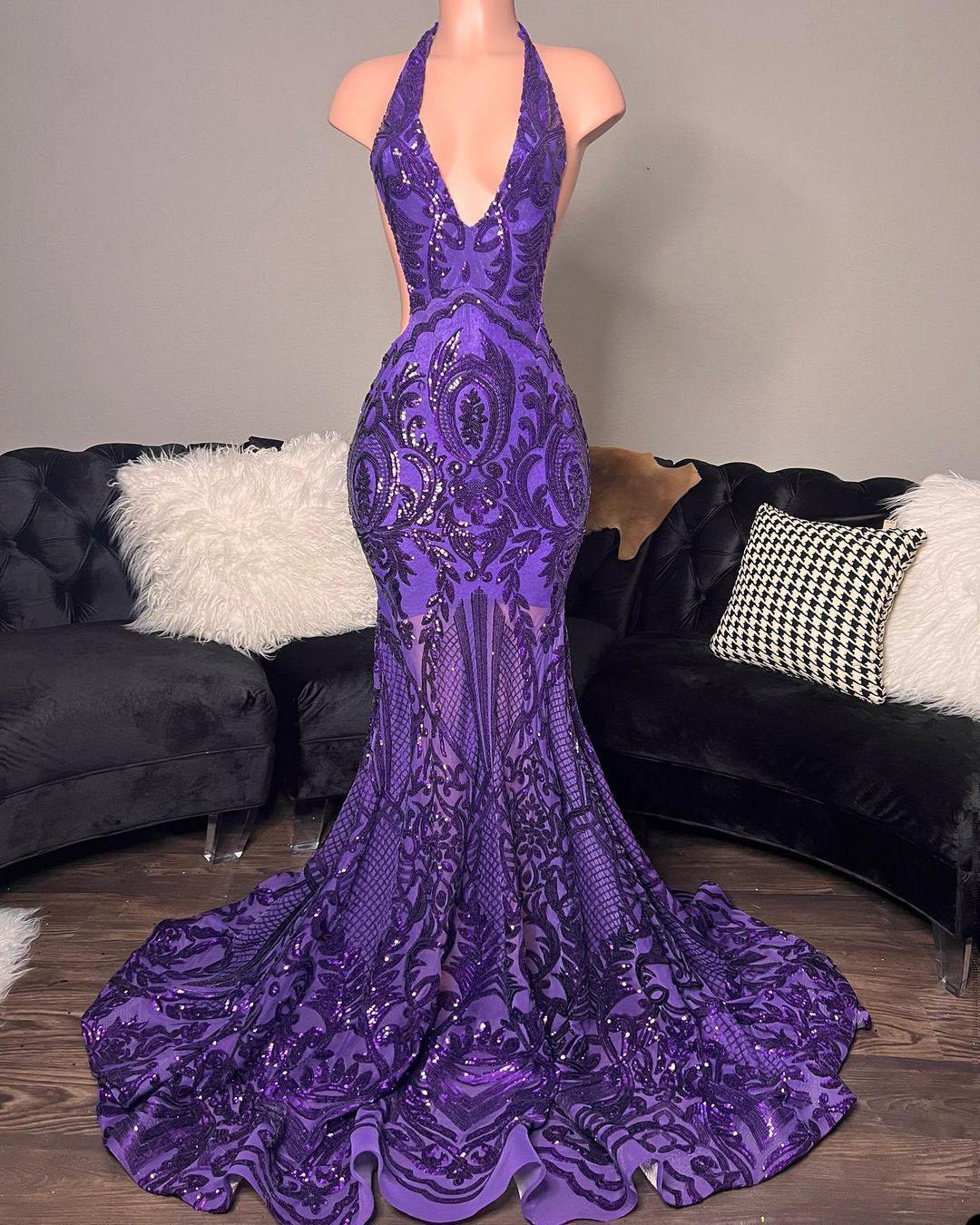 Sexy Halter Neck Purple Halter Prom Dresses Lace Appliques Sequined Evening Dress black girls Sleeveless Long Train Floor Length Formal Party Gown