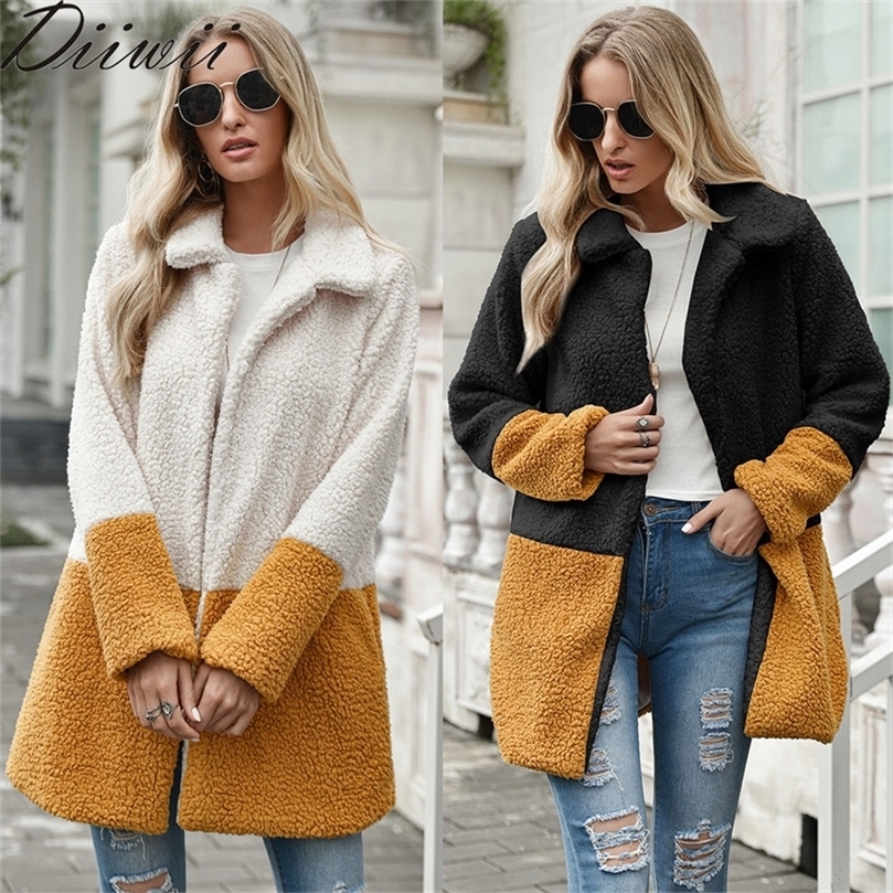 Diiwii Women Coat High Quality Faux Fur Loose Trench Female Casual Plush Striped Lapel woolen cardigan Patchwork Ladies Winter 201222