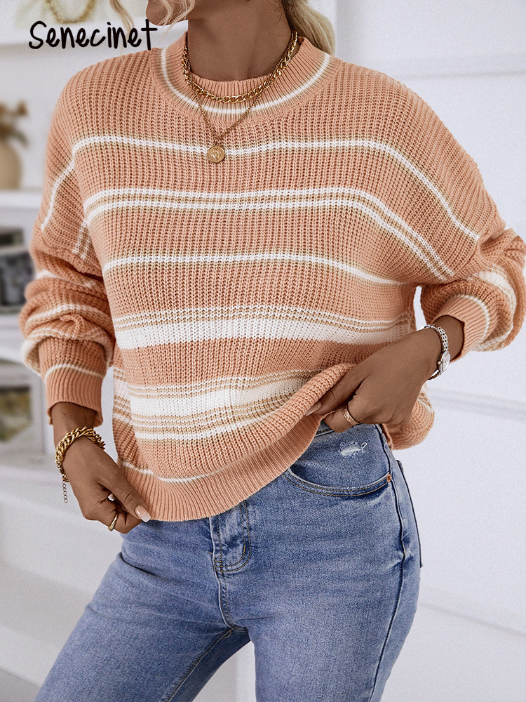 Senecinet Casual Knit Pullover Women Autumn Winter Fashion Long Sleeve Top Gentle Solid O Neck Ladies Loose Stripe Sweater W220817