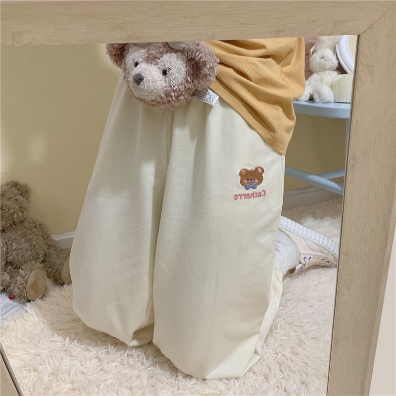 HOUZHOU Kawaii Harajuku Joggers Pant Soft Girl Loose Beige Baggy Korean Fahion Pink Gray Trousers Bear Embroidery 220325