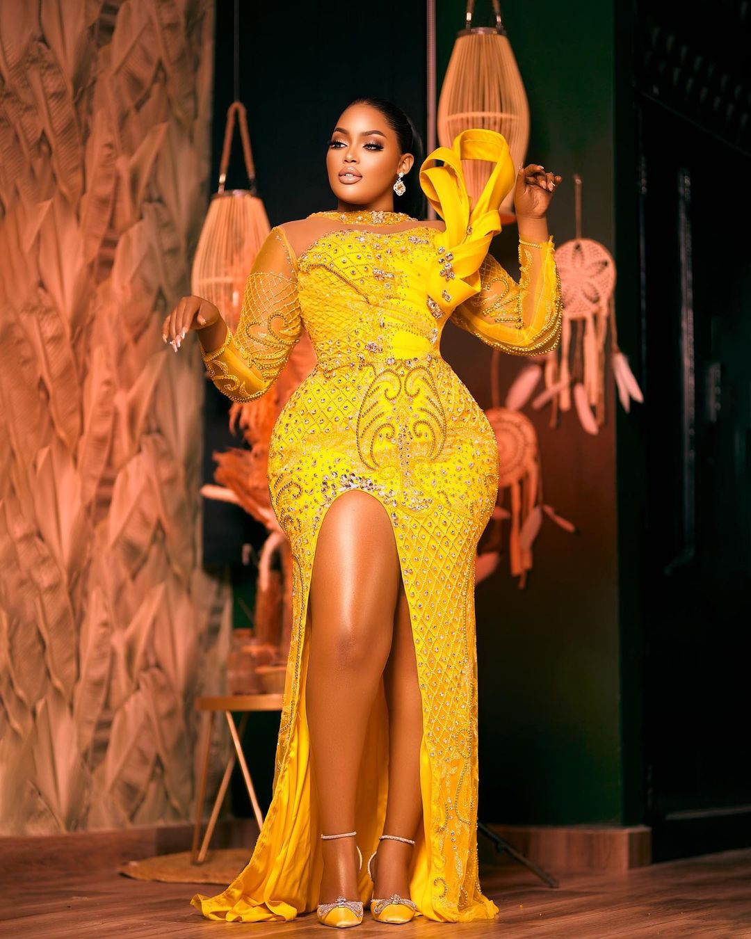 2022 Plus Size Arabic Aso Ebi Yellow Mermaid Luxurious Prom Dresses Beaded Crystals Evening Formal Party Second Reception Birthday Engagement Gowns Dr