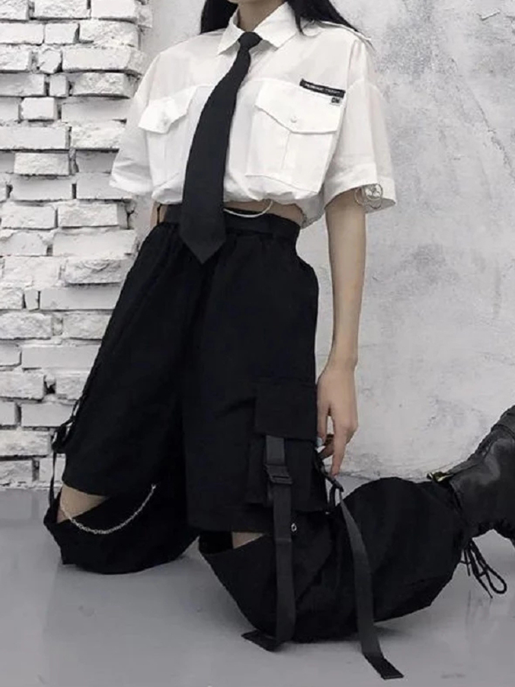 HOUZHOU Gothic Streetwear Women's Cargo Pants with Chain Punk Techwear Black Oversize Korean Fashion Wide Leg Trousers Alt 220325