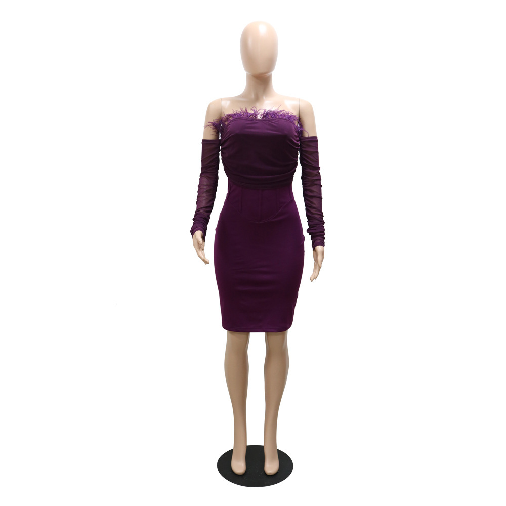 Ostrich Feather Purple Evening Dress 2022 Sexy Strapless Black Girls Prom Dresses With Sleeves Knee Length Sheath Cocktail Party African Women vestido