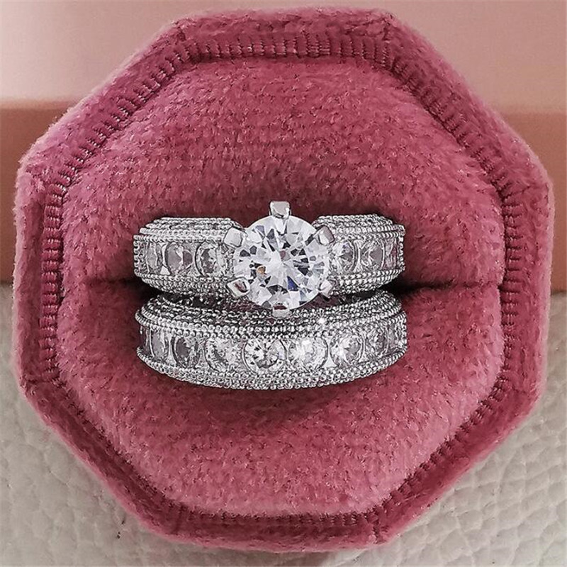 Sterg Sier Vintage Wedding Rings Set for Women, Round Cut White Topaz Cubic Zirconia Eternity Stackable Bridal Jewelry Gift