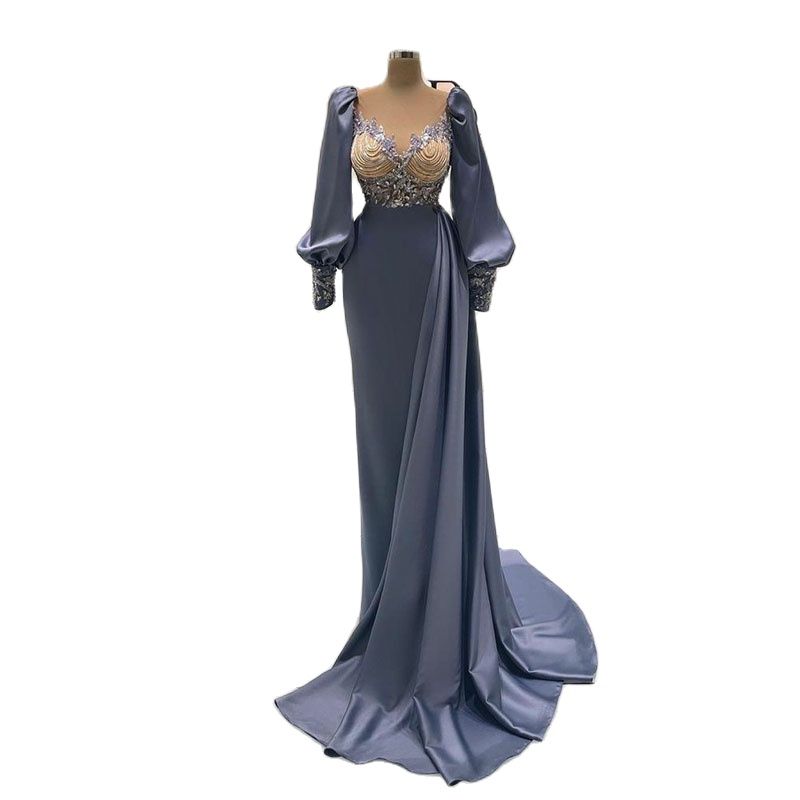 Blue Mermaid Prom Dresses Princess Satin Appliques Sequins Embroidery Long Sleeves Deep V Neck or Length Party Gowns Plus Size Custom Made