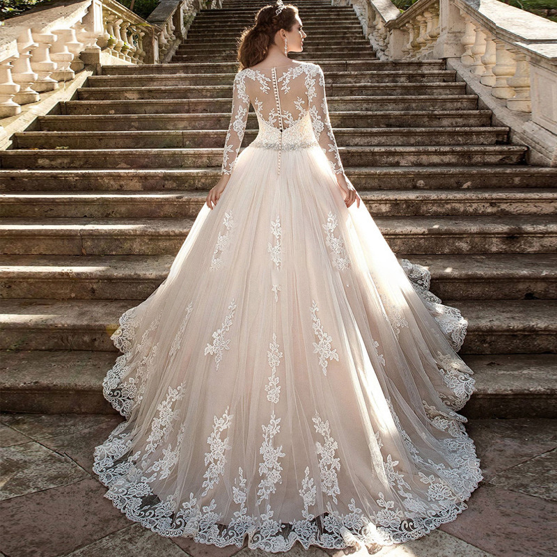 New Dubai Elegant Long Sleeves A-E Wedding Dresses Sheer Crew Neck Lace Appliques Beaded Vestios De Novia Boho Bridal Gowns With Buttons 403 6660311