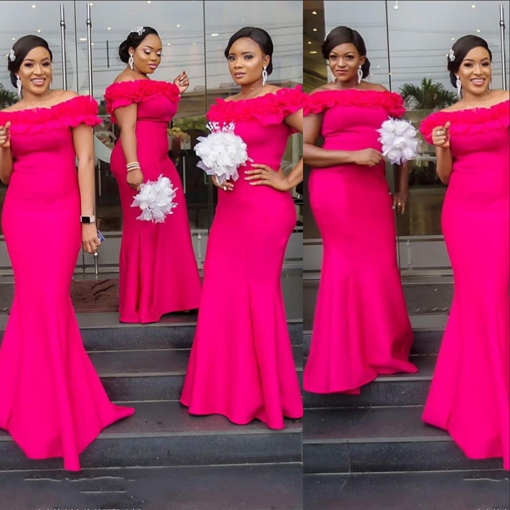 2022 African Fuchsia Bridesmaid Dresses Country Off Shoulder Ruffles Floor Length Zipper Back Western Maid of Honor Dresses Custom Wedding Guest Dress