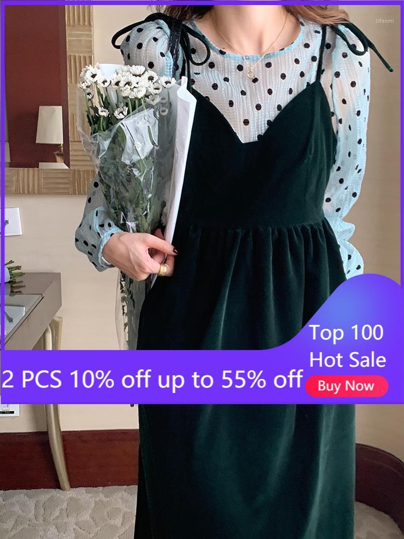 Casual Dresses 2 PCS Women Sets Velvet Long Strap Dress +shirts Blouses Elegant Vintage Autumn Winter 2022 French Style Female Clothes 1956#, Green shirt
Casual Dresses 2 PCS Women Sets Velvet Long Strap Dress +shirts Blouses Elegant Vintage Autumn Winter 2022 French Style Female Clothes 1956#, Green shirt
