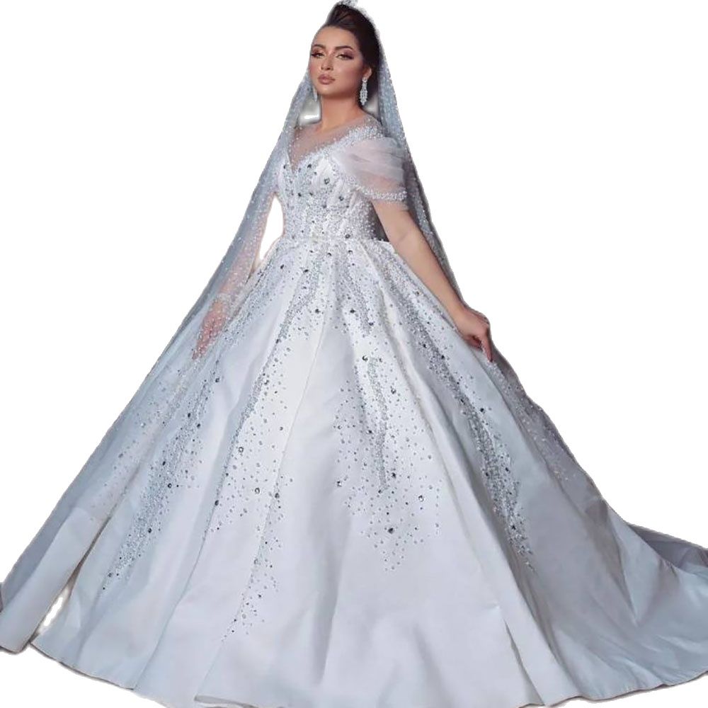Exquisite Beads Crystal Wedding Dresses Ball Gown Scoop Neck Cap Sleeve Floor Length Arabic Bridal Dress Custom Made