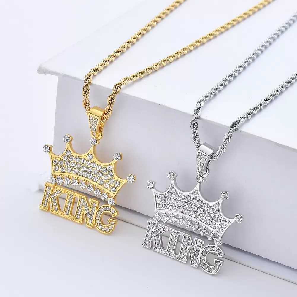 Designer 18K Gold Silver Stainless Steel King Crown Letter Pendent Necklace for Men Cubic Zircon Simulated Diamond Necklace Cool Jewelry Gift