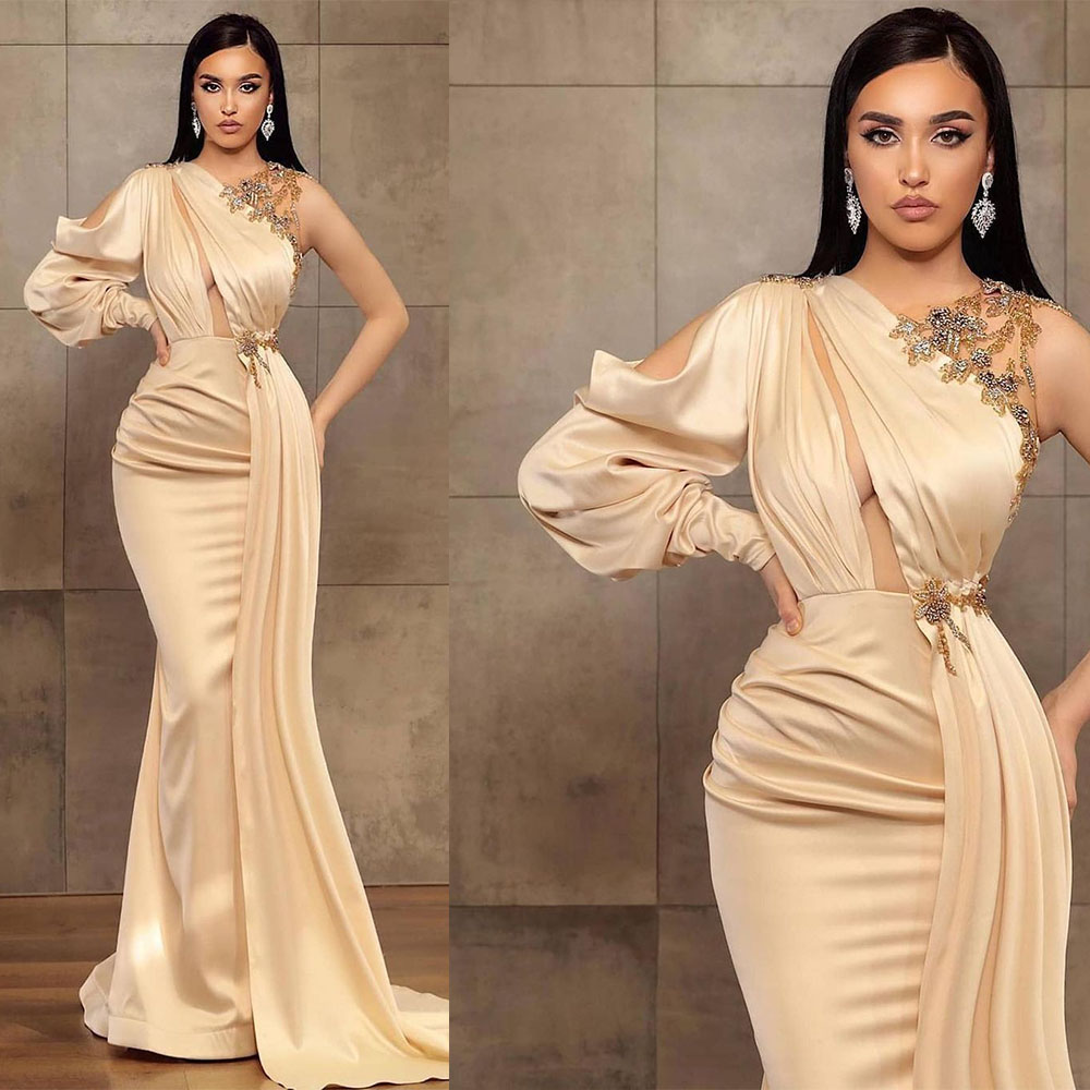 Champagne Mermaid Prom Dresses Sexy V Neck One Shoulder Satin Appliques Sequins Plus Size Luxury Crystal Prom Gowns Sexy Floor Length Custom Made Even