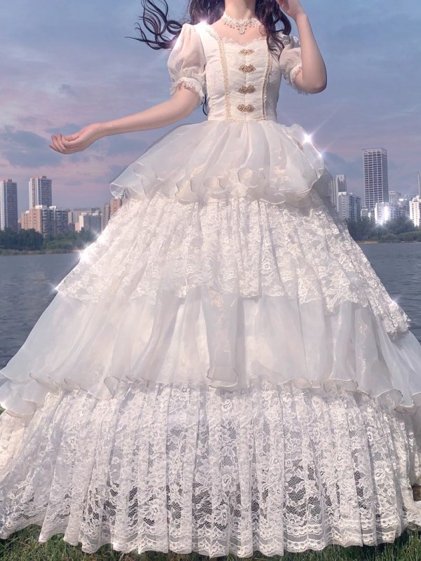 White Lace Gothic Wedding Dress 2022 Medieval Victorian Short Sleeve A Line Tiered Ruffles Country Wedding Gowns Costumes Bride Women Vestidos De Novi