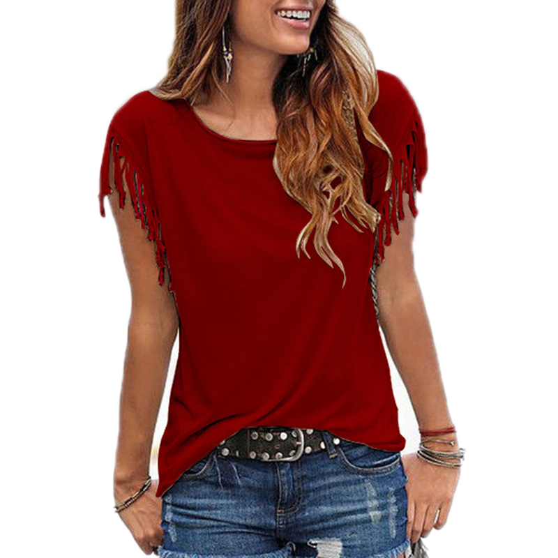 Casual Tassel T-Shirt Cotton Short Sleeve Solid Color Tees O Neck Women's Clothing Spring Summer Top Ladies 220328