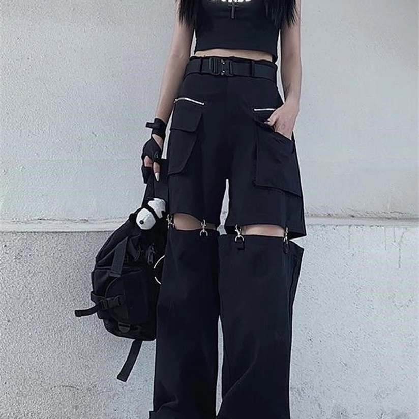 QWEEK Techwear Gothic Black Cargo Pant Streetwear Hollow Out Punk Wide Leg Oversize Pockets Trousers For Female Hip Hop 220325