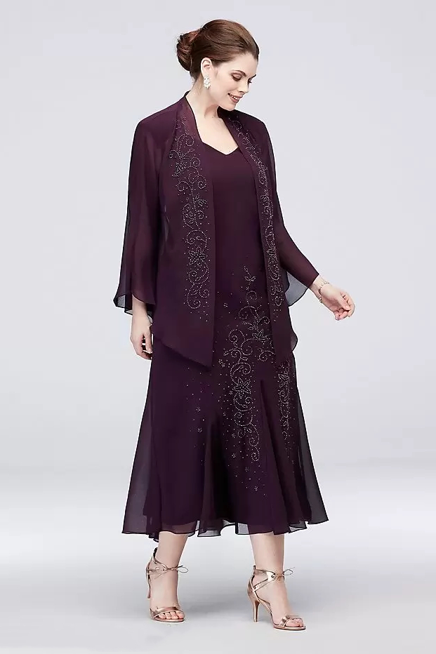 Elegant Tea Length Chiffon Mother Of The Bride Dresses Suits With Jacket Luxury Beaded Dusty Grape Wedding Guest Dress 2 Piece Groom Mothers Party Pro