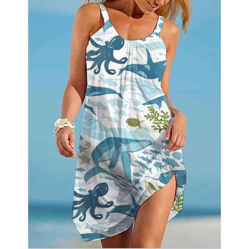 Sea World Starfish Print Dress Women's Fashion Summer Strap Beach Dress Bohemian Sleeveless Party Dresses Elegant Sundress Hem G220510