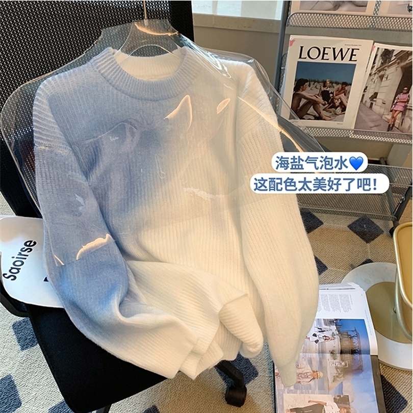 Women Autumn Winter Crewneck Blue White Gradient Knitwear Sweatshirts Loose Long Sleeve Vintage Knitted Pullover Sweater 220817