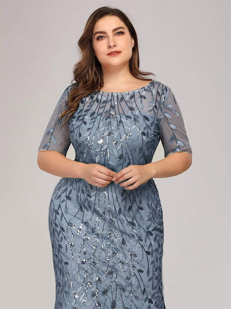 Plus Size Sequin Mesh Mermaid Slim Evening Dress Beaded Leaves Pattern Formal Women Elegant Party Prom Gowns Short Sleeve 220510