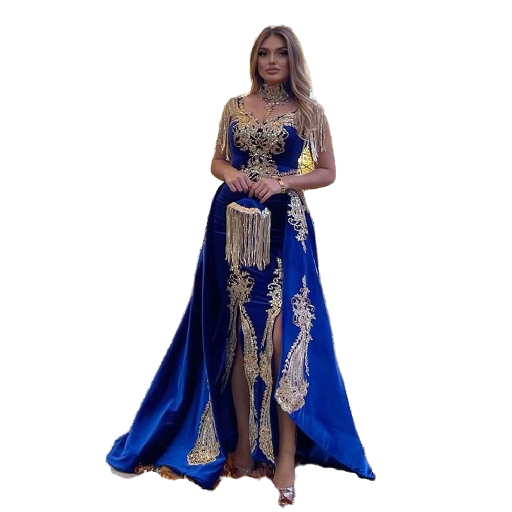 Elegant Karakou Moroccan Kaftan Evening Dresses For Women Split Royal Blue Velvet Prom Gowns Gold Lace Appliques Long Arabic Dubai 2 In 1 Celebrity Pa
