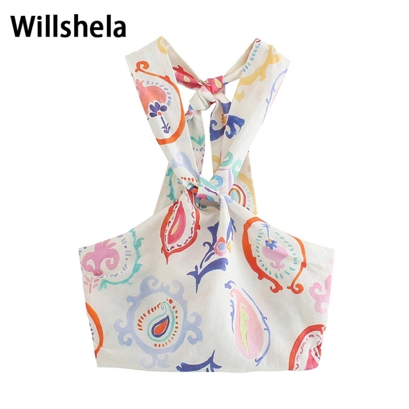 Willshela Fashion Women Printed Crop Top Elastic Bust Casual Chic Lady Halter Summer y2k s Woman Camis 220316