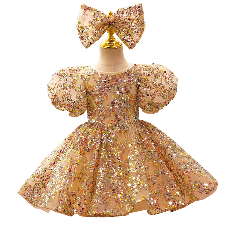 Elegant Gold Princess Sequined Blingbling Floor Length Ball Gown Pageant Dresses For Teens Toddler Girls Flower Dress 403