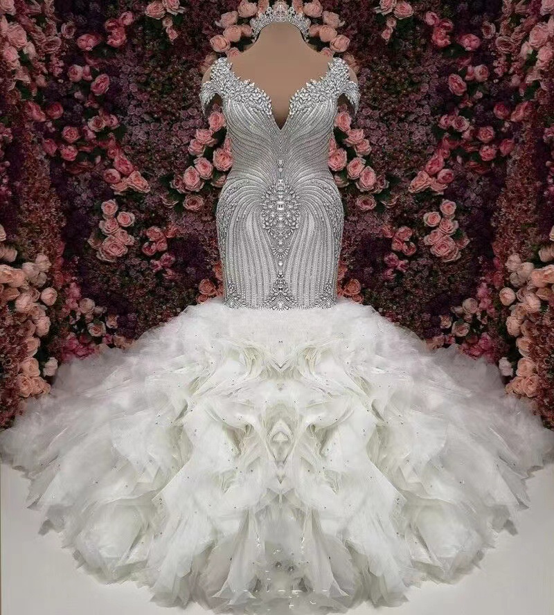 Sparkly Crystal Diamon Wedding Dress Long Train 2022 Ruffles Tiered Skirt Mermaid African Arabic Church Civil Bidal Dress vestidos matrimonio civil
