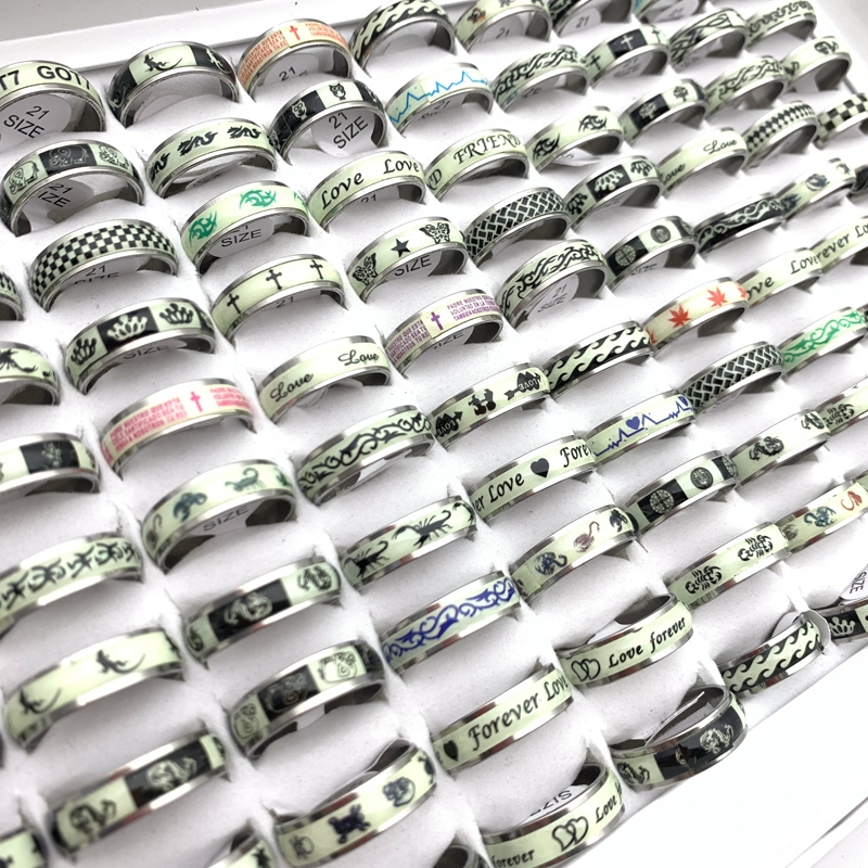 Whole 100pcsLot Band Rings Stainless Steel Luminous Fashion Jewelry For Men Women Sticker Glow in the Dark Party Gift Mix Pat