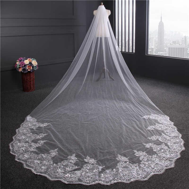 3/4/5 Meter White Ivory Cathedral Wedding Veils Long Lace Edge Bridal Veil with Comb Wedding Accessories Bride Veu Wedding Veil