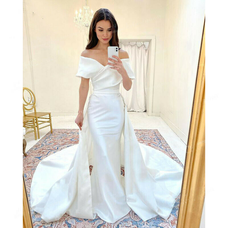 Soft Satin Mermaid Wedding Dress With Detachable Train 2022 Off Shoulders Garden Beach Church Wedding Gowns Elegant Vestidos De Noche Robe Mariage Abi