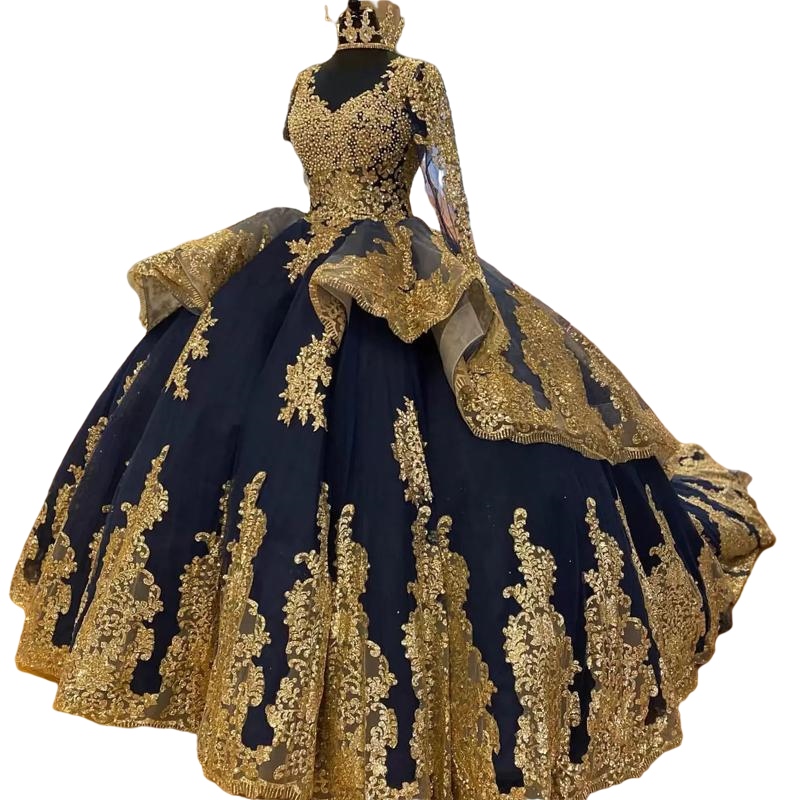 2022 Princess Navy Blue Quinceanera Dresses Long Sleeves Gold Applique Beading Sweet 16 Dress prom Pageant Gowns vestidos de 15 anos