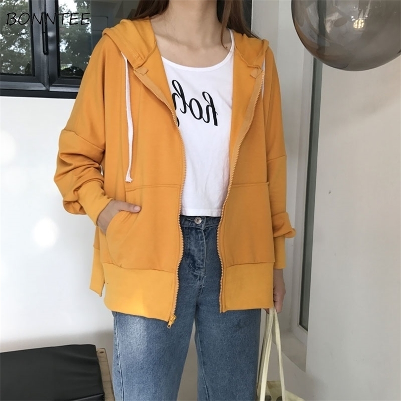 With Hat Hoodies Women New Spring Ulzzang Loose Zipup Thin Womens Clothing Pure Sideslit Chic Leisure Fashion Girl Sweatshirts T200525