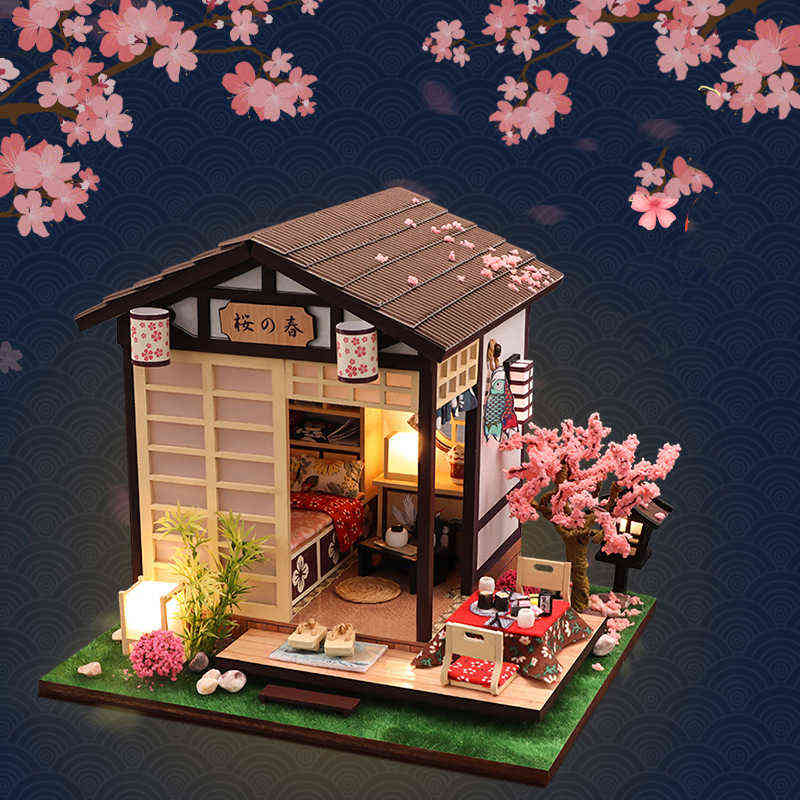 DIY Wooden Casa Japanese Dollhouse Kit Assembled Miniature Furniture Light Doll House with Cherry Blossoms Toys for Adult Gifts AA220325