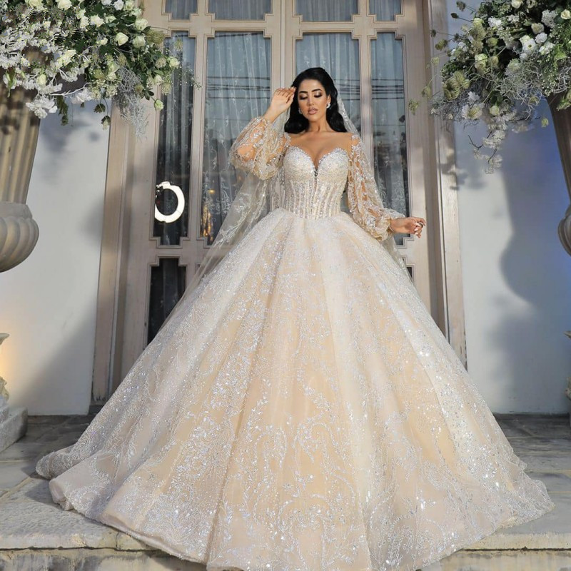Princess Ball Gown Wedding Dresses Bridal Gowns V Neck Lace Strapless Long Sleeve Appliqued Sequins or Length Train Plus Size Robe De Mariee Custom Ma