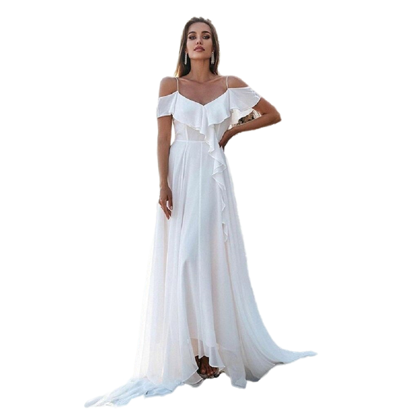 Vintage White Chiffon Ruffles Wedding Dress Summer Long Boho Bridal Gowns 2022 Off The Shoulder Formal Robe De Mariée Open Back Beach Bride Dresses
