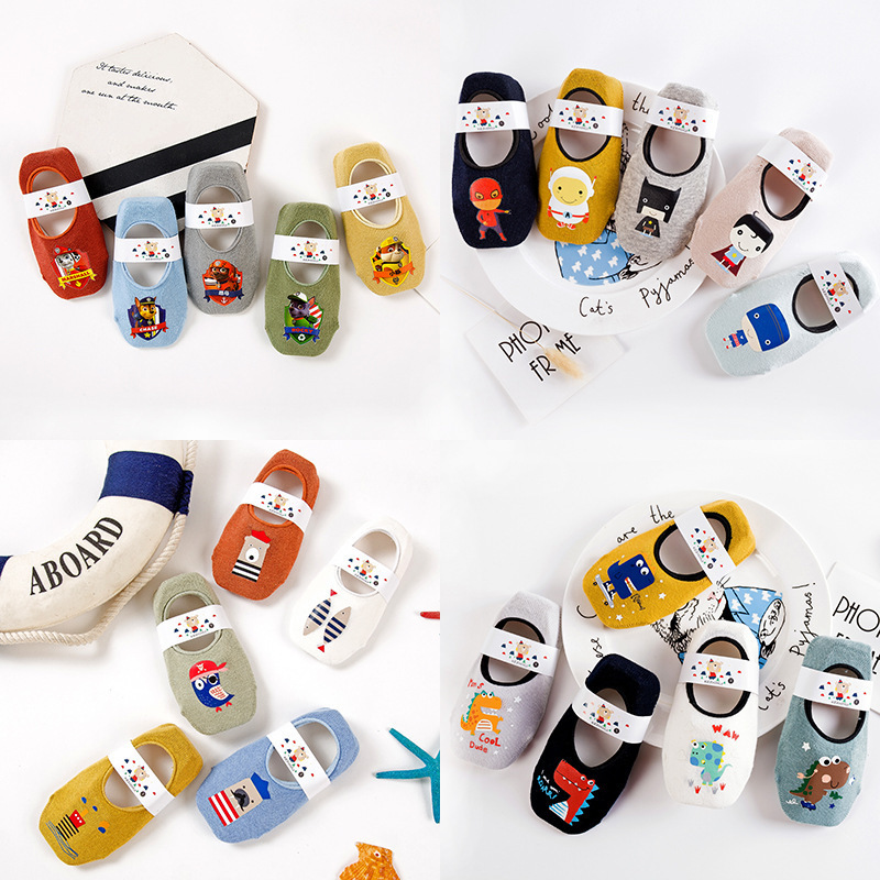 5 Pairs /set Baby Boy Ankle Socks Cotton Toddler Anti-slip Sock Lovely Cartoon Animals Kids sock Fashion 1-6Years Summer 220512