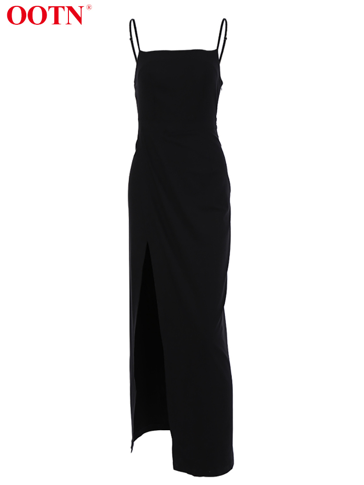 OOTN Black Sexy Slit Party Long Dress Woman Summer High Waist Maxi Dresses Female Square Neck Sleeveless Sundress Vestido 220511