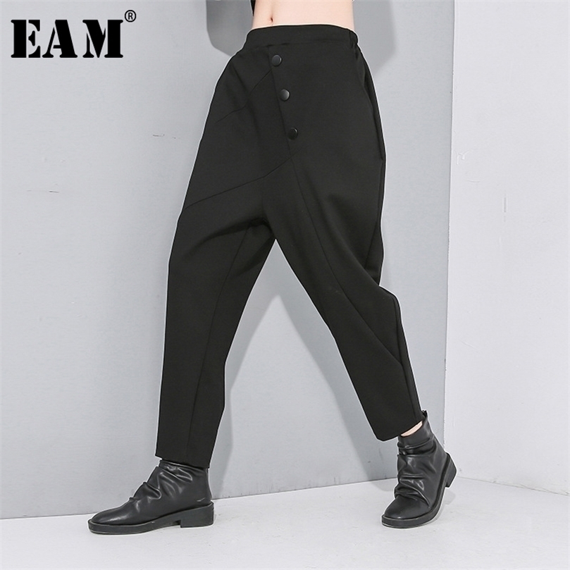 EAM High Elastic Waist Black Button Split Joint Long Trousers Loose Fit Harem Pants Women Fashion Spring Autumn 201228