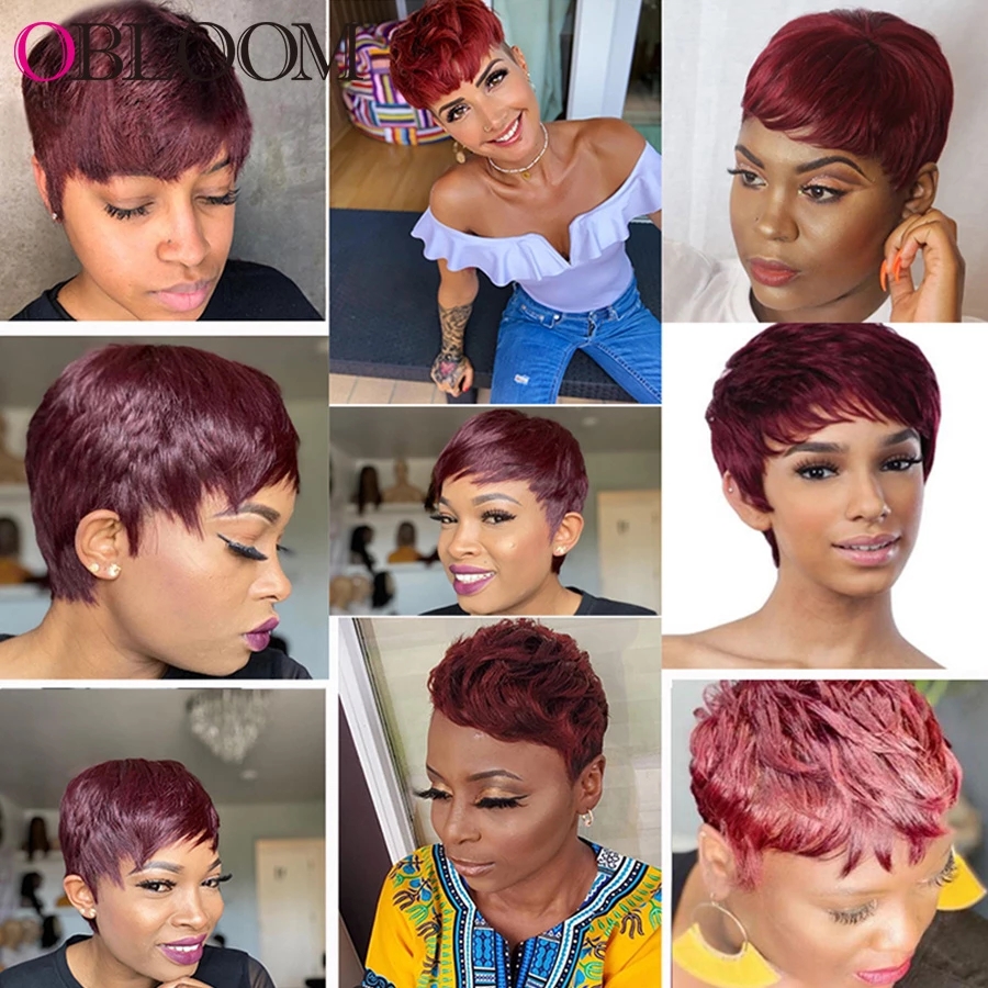 Free shipping Ombre Bury Red Color Pixie Short Cut Bob Human Hair Wigs For Black Women Brazilian Straight Wig With Natural Bangs