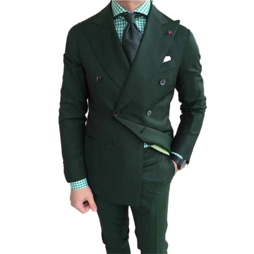 Slim Fit Double Breasted Wedding Tuxedos Men Suits Groom Formal Wear Hunter Green 2 Piece Dinner Prom Party Blazer Jacket Pants