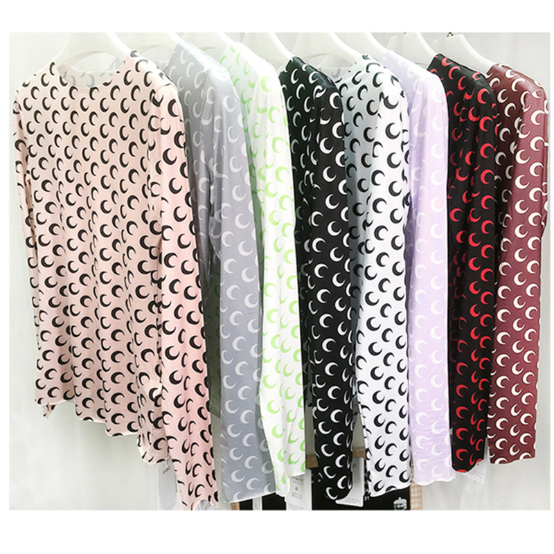 Women Long Sleeve T-Shirts Solid Color Silk Crescent Moon Print Bodycon Round Neck Slim Casual Tops Lady Fashion Ropa Mujer 220328