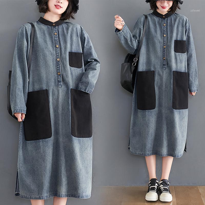 Casual Dresses Women Denim Dress Vintage Color Contrast Loose Split Stand Collar Long Sleeve Blue Elegant Daily Student Patchwork
Casual Dresses Women Denim Dress Vintage Color Contrast Loose Split Stand Collar Long Sleeve Blue Elegant Daily Student Patchwork