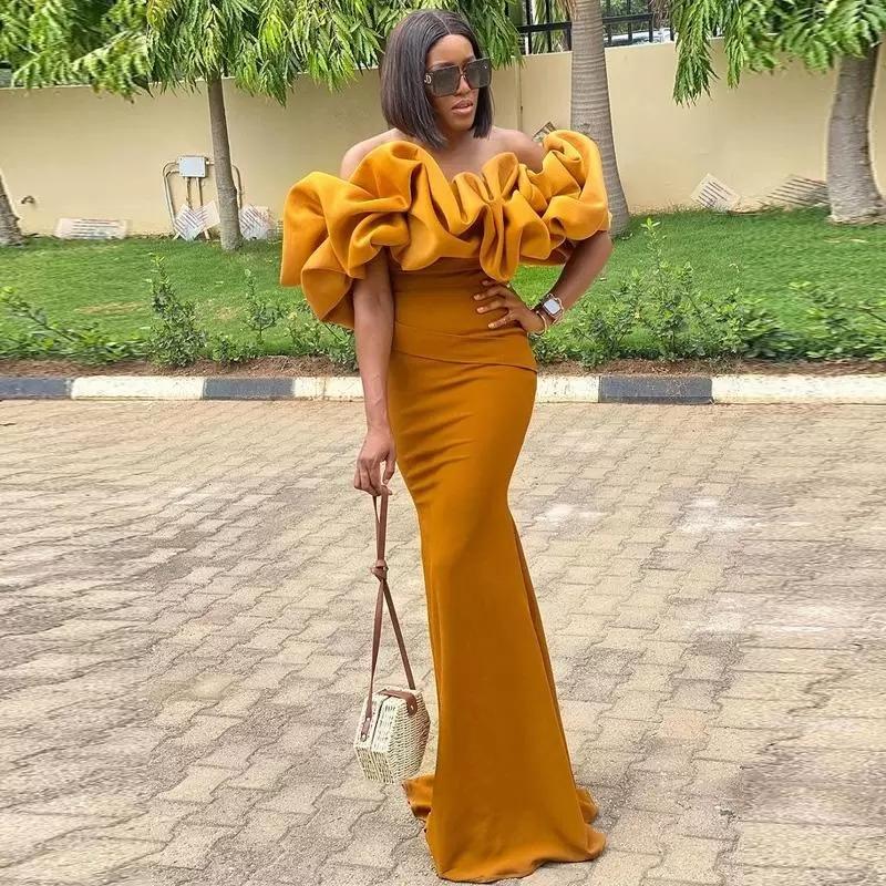 Mustard Yellow Mermaid Bridesmaids Dresses Ruffles Off Shoulder Wedding Guest Gowns Plus Size Black Girl Maid Of The Honor Dress BC12818 0726