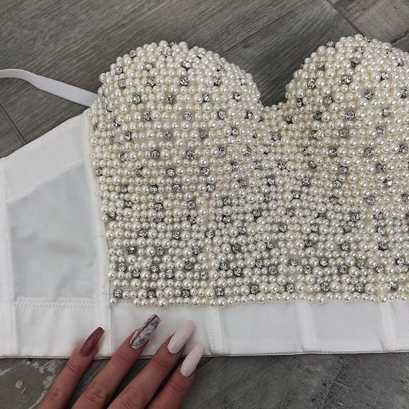 Sexy Top Women Pearl s Crop Push Up Corset Tank Beaded Backless White s 220325