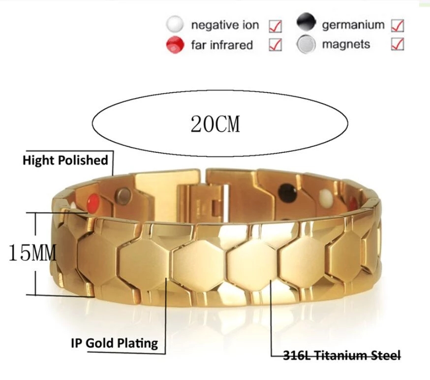 Punk Stainless Steel Mens Chain Bracelets Energy Magnetic Tourmaline Bracelet Bangle Health Care Jewelry Gold Charm Wristband for Men and Women Birthd