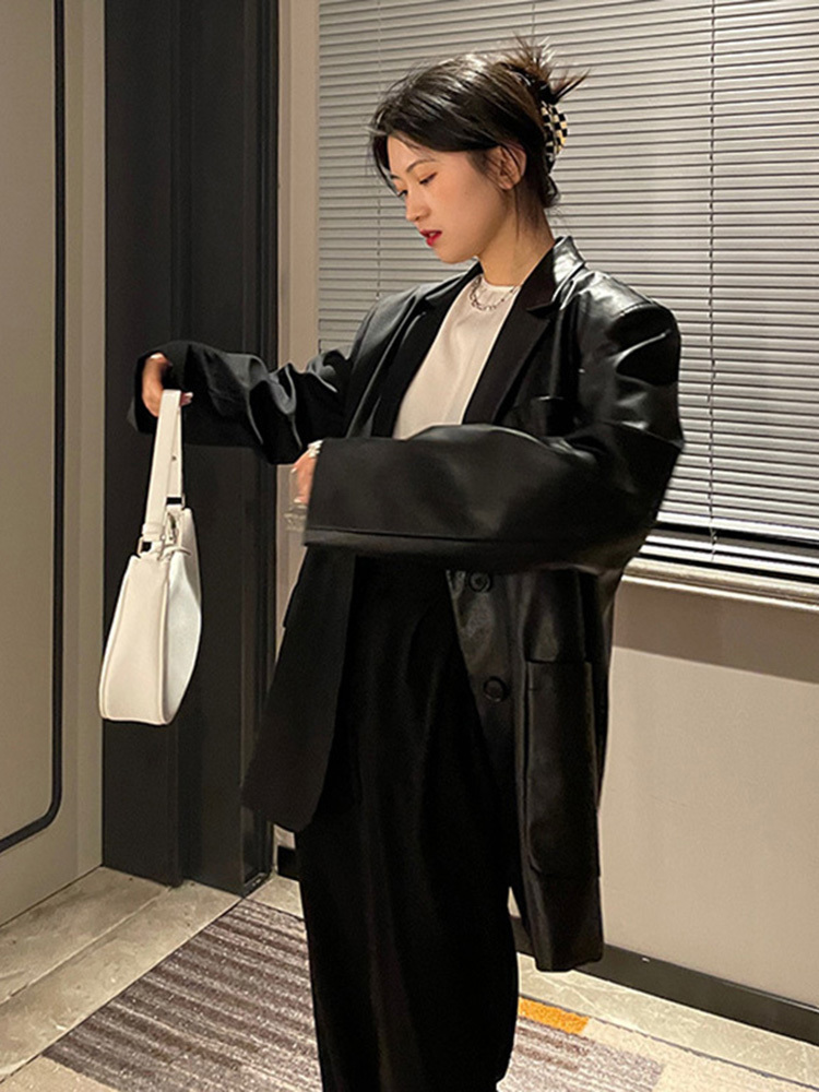 [EAM] Women Black Zipper Pu Leather Big Size Blazer Lapel Long Sleeve Loose Fit Jacket Fashion Spring Autumn 1DE0121 220402