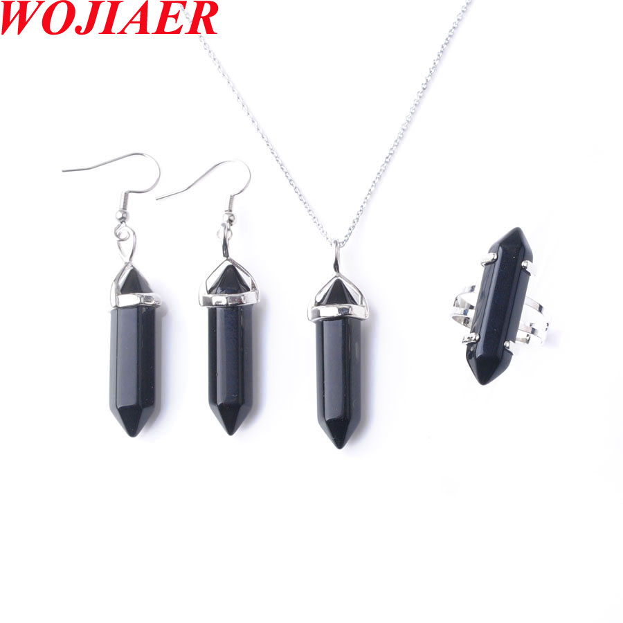 WOJIAER New Women Fashion Long Natural Stone Earrings Ring Necklace Set Rose Quartz Hexagon Point BO959