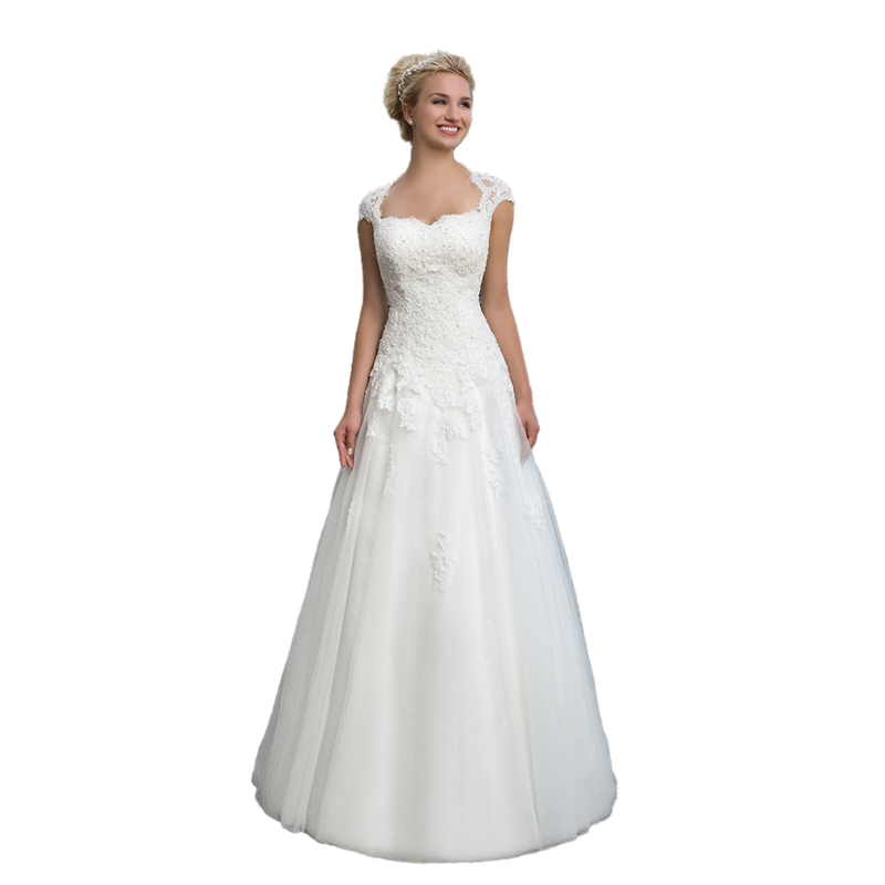 Gorgeous A Line Wedding Dress Appliques Lace Beaded Long Ivory Tulle Bridal Gowns Cap Sleeve Royal Square Neck Robe De Mariée Vintage Bride Wedding Dr